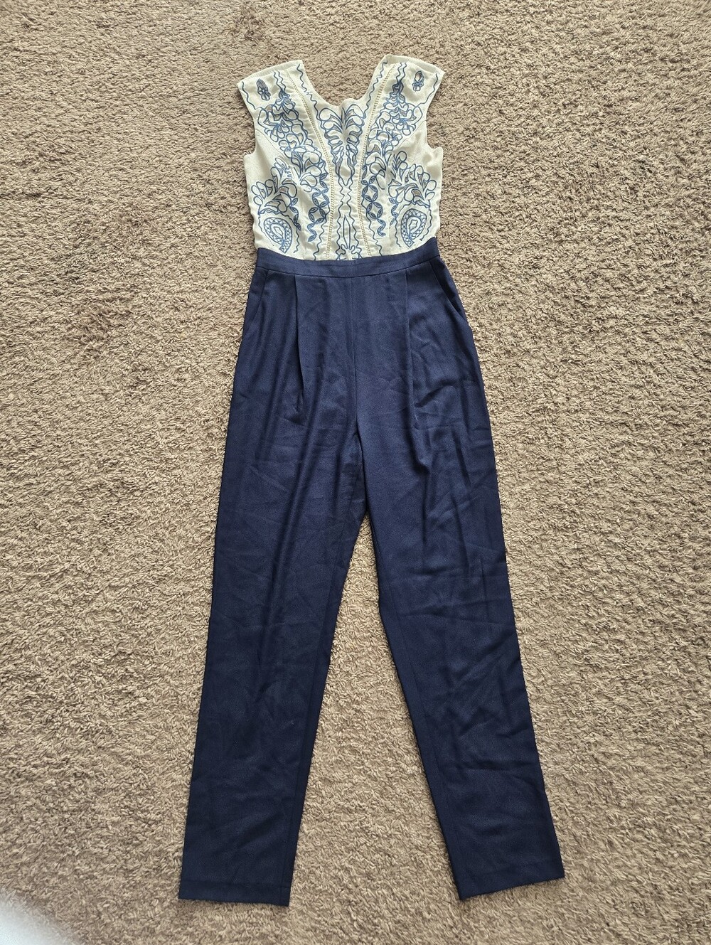 Jealous Tomato Ivory Bodice with Navy Embroidered Sleeveless Jumpsuit